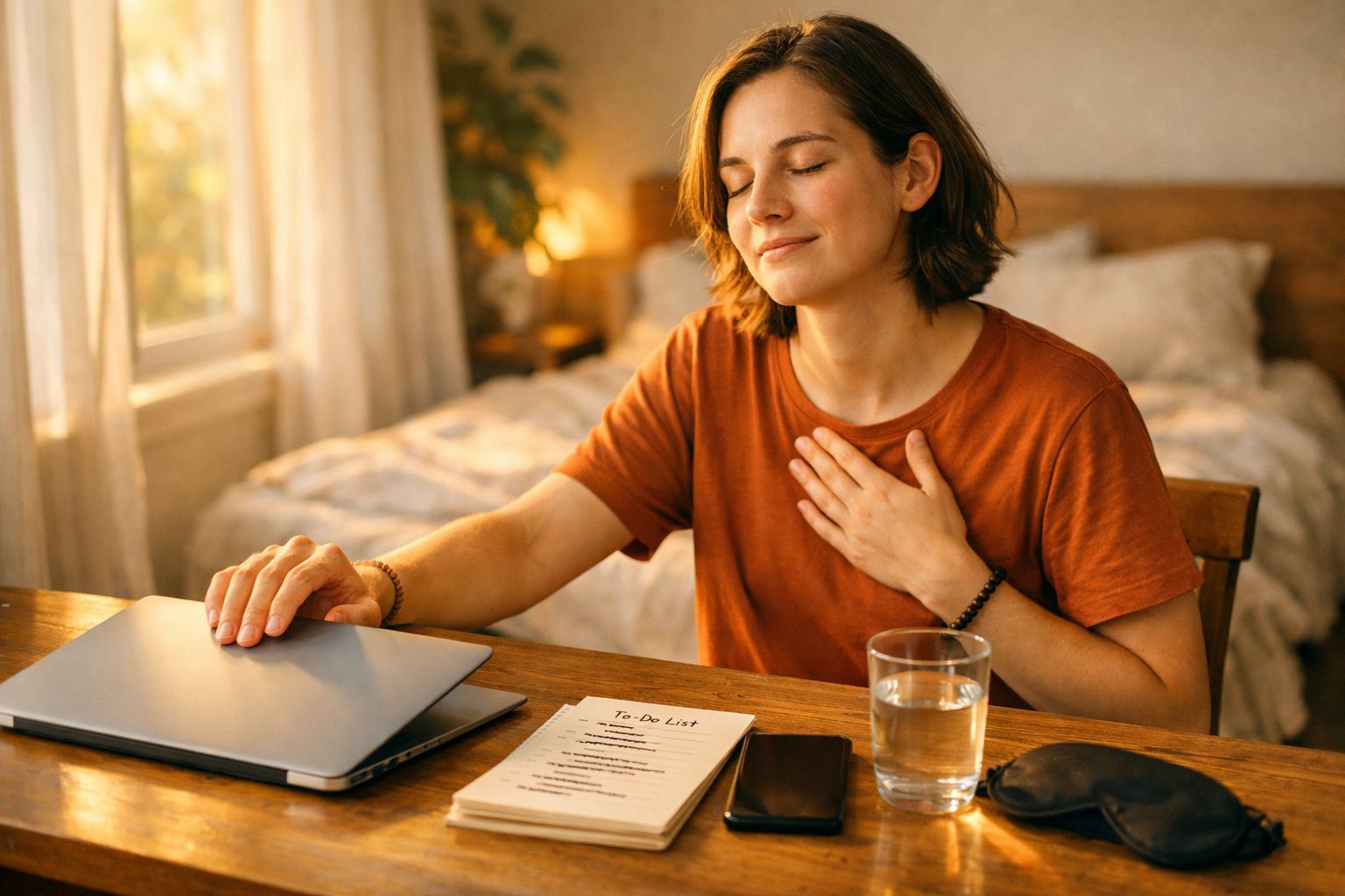 Jovem sentada à mesa com mãos no peito e no computador, aparenta estar serena e grata.