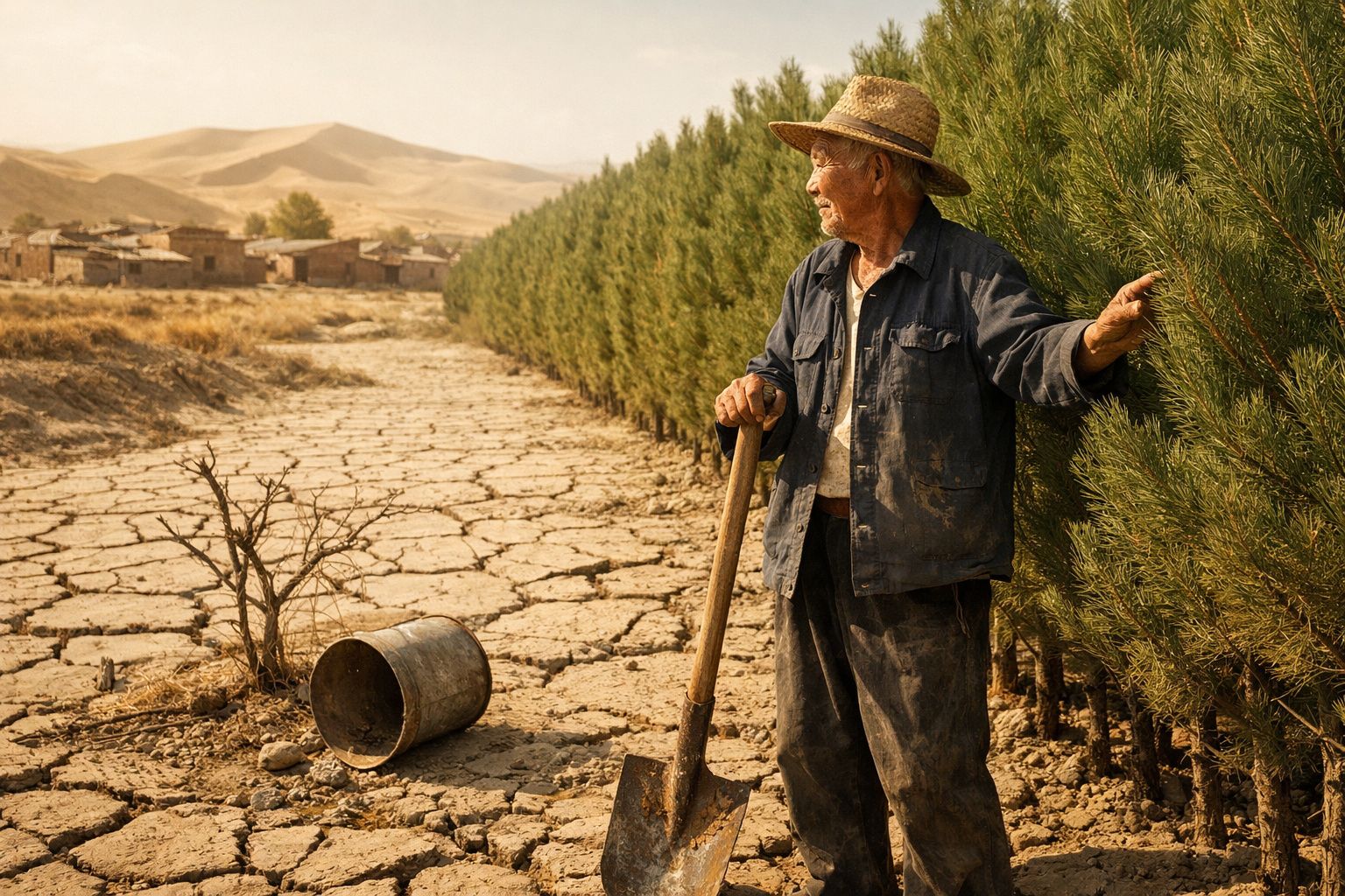 Homem com chapéu e pá junto a árvores verdes em terreno seco e rachado, aldeia ao fundo.