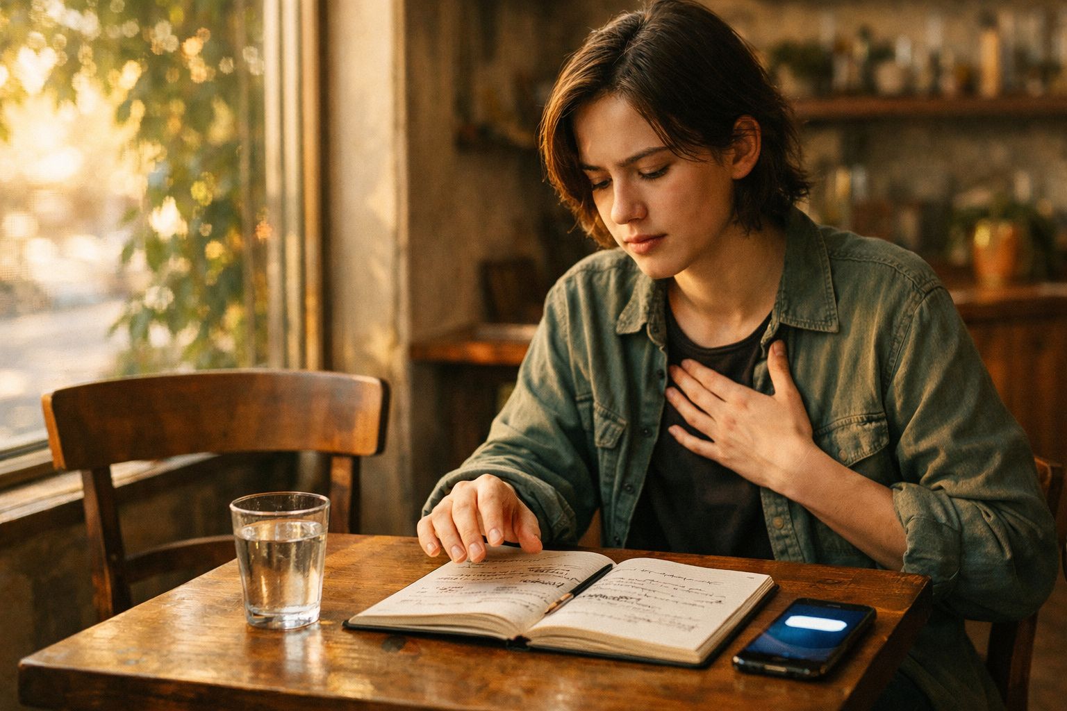 Jovem sentada numa mesa a ler um livro com uma mão no peito, ao lado um copo de água e um telemóvel.