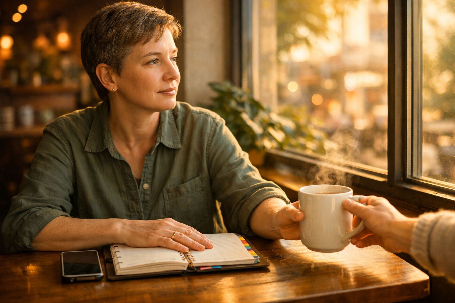 Mulher sentada numa mesa com caderno aberto recebe uma chávena quente junto a uma janela iluminada.