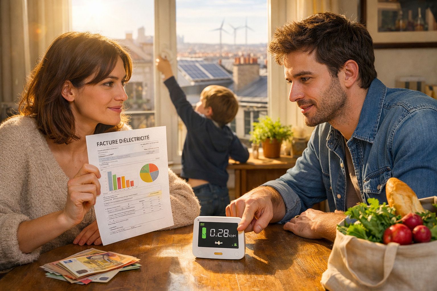 Casal sentado à mesa com fatura de eletricidade e medidor de consumo, criança perto da janela com turbinas eólicas ao fundo.