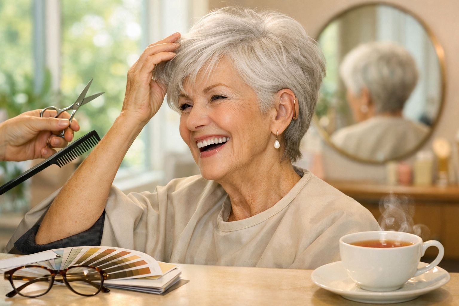 Senhora idosa sorridente a fazer corte de cabelo num salão com chá quente ao lado.