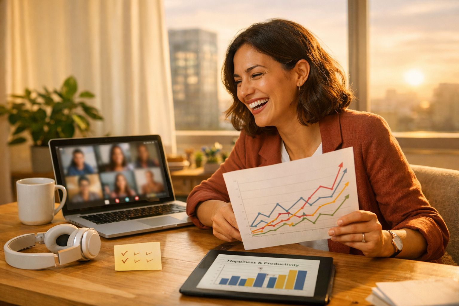 Mulher sorridente em videochamada a mostrar gráfico de crescimento num escritório iluminado ao pôr do sol.