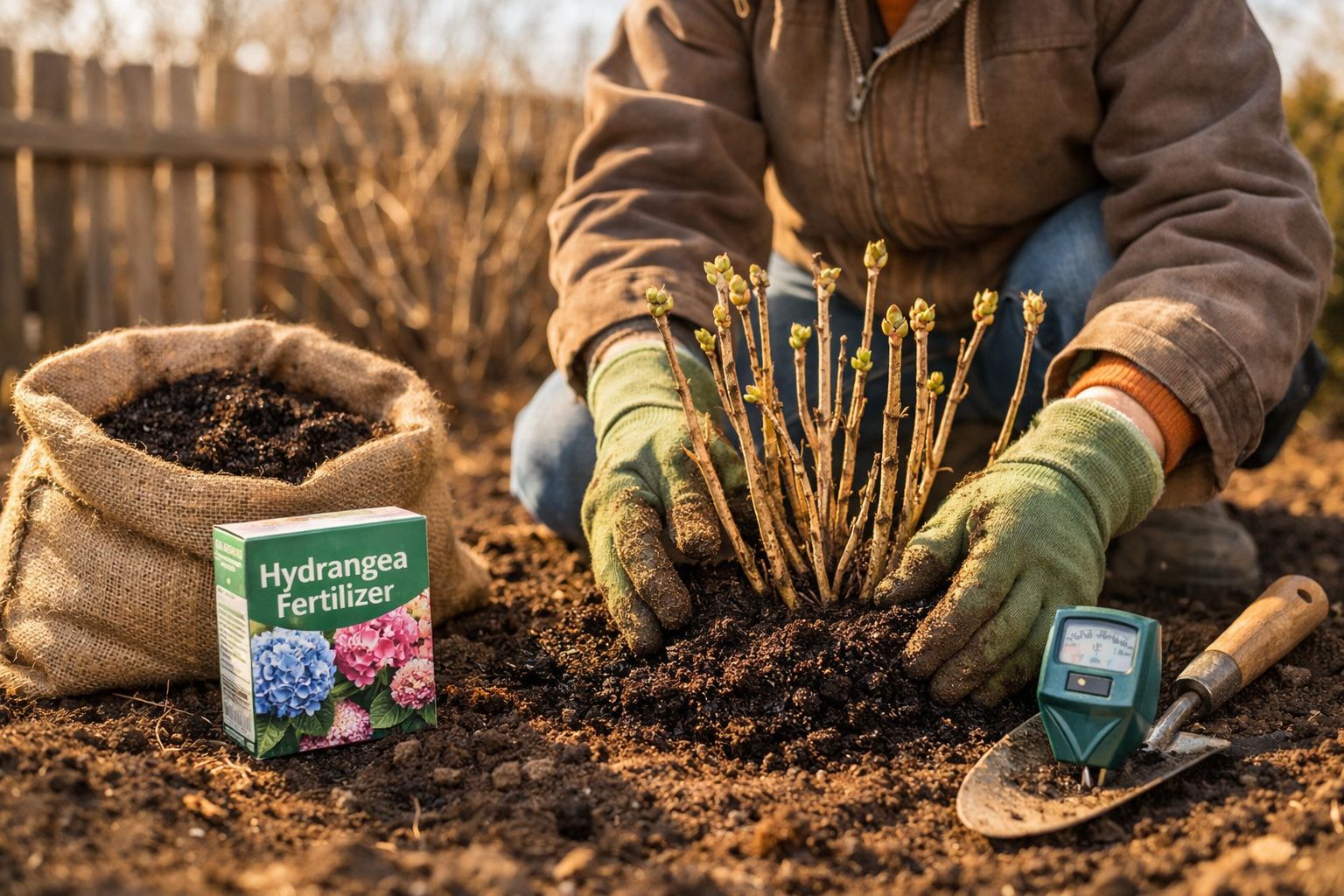 Pessoa a plantar um arbusto com luvas verdes, perto de fertilizante e ferramentas de jardinagem.
