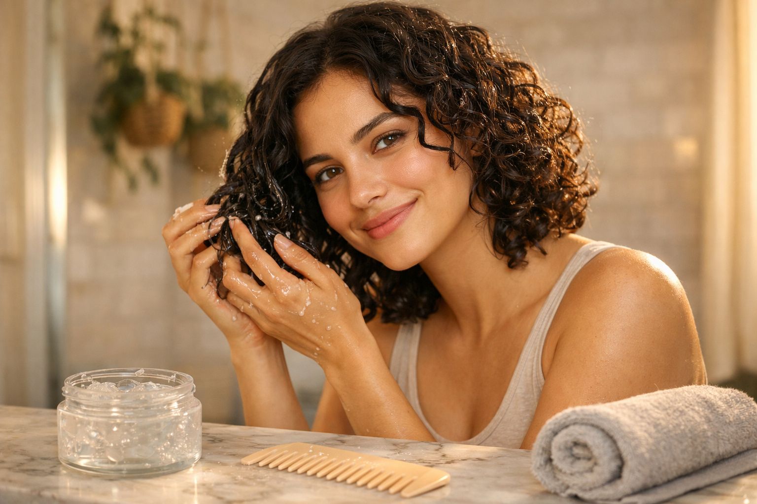 Mulher sorridente a aplicar gel capilar nos cabelos curtos e encaracolados num ambiente iluminado e acolhedor.
