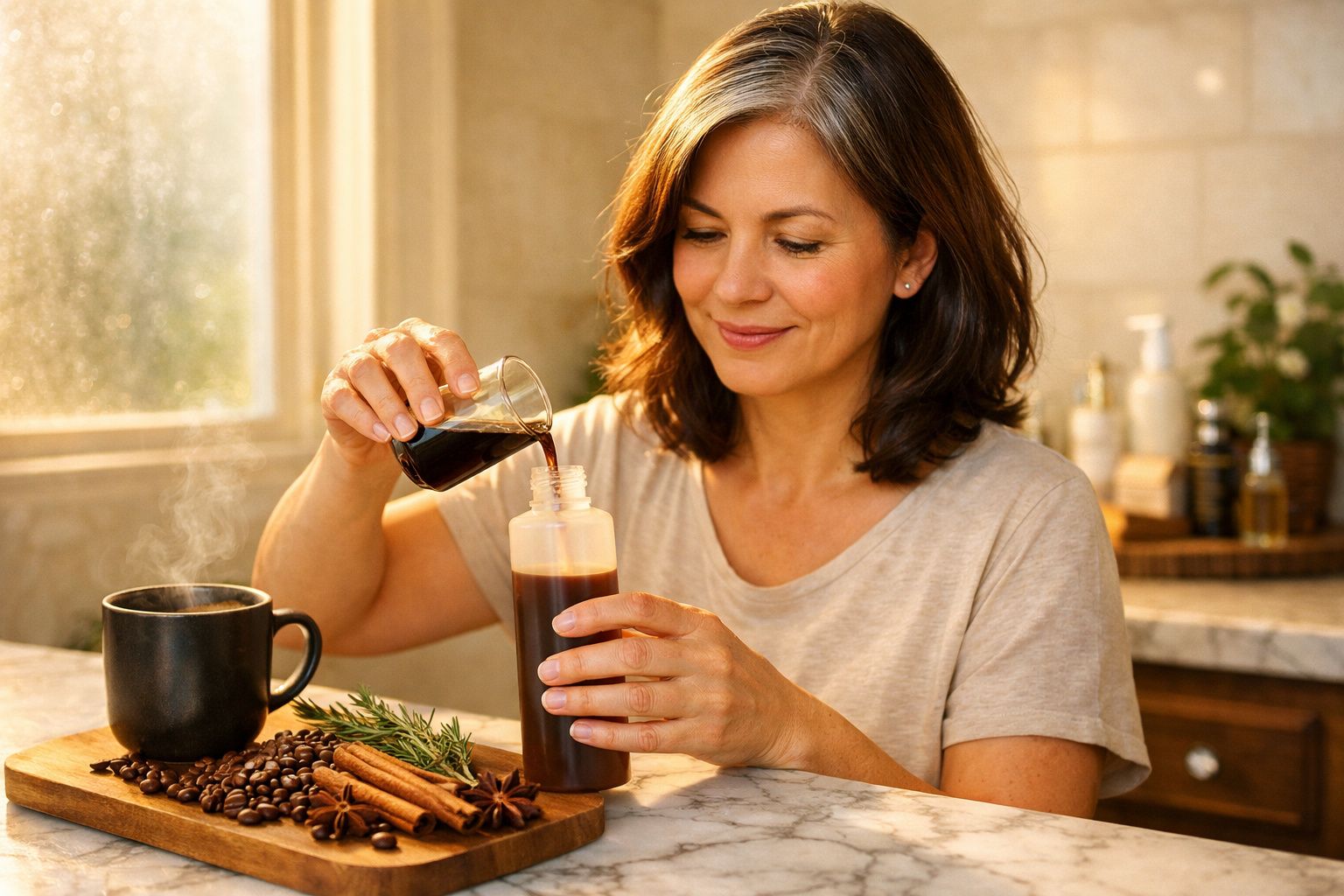 Mulher a verter café num frasco, num ambiente iluminado e acolhedor com especiarias numa bancada.