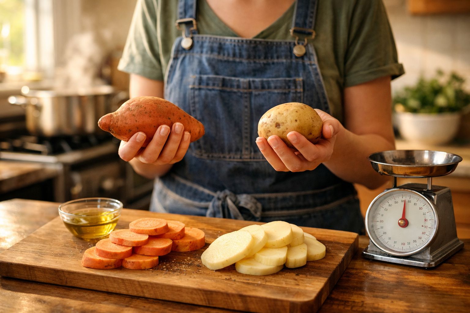Pessoa com avental segura batata doce e batata normal, com fatias em tábua e balança na cozinha.