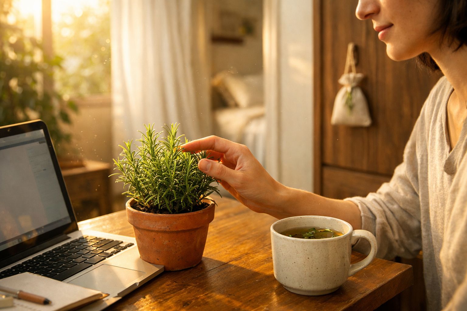 Pessoa a tocar numa planta num vaso de barro, ao lado de um portátil e uma chávena de chá numa mesa de madeira.