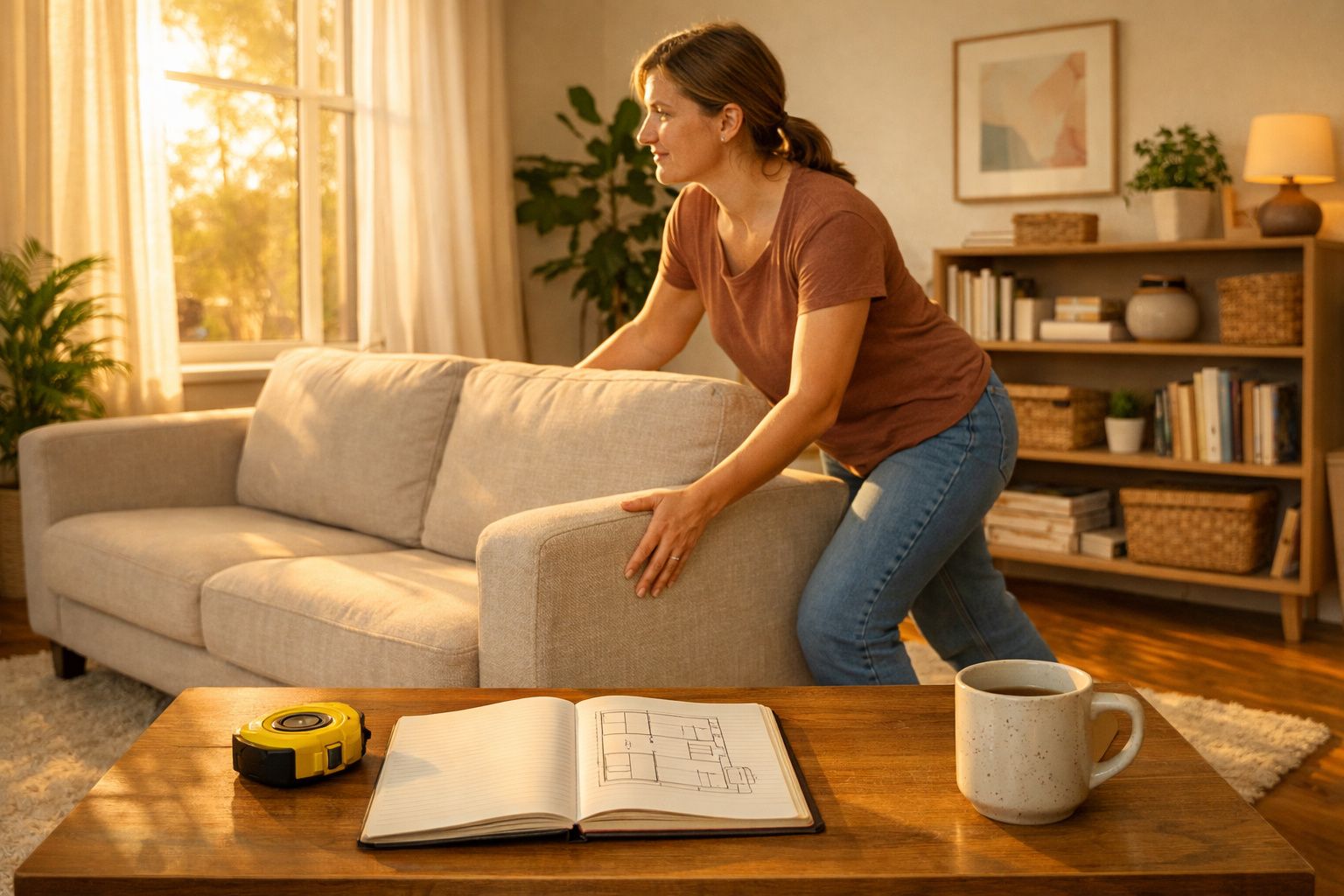 Mulher a mudar o sofá na sala iluminada, com uma planta, estante, livro aberto e chávena na mesa.