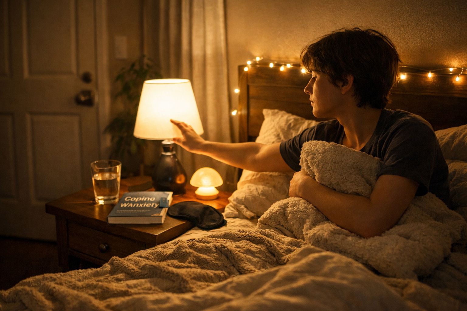 Pessoa no quarto a apagar a luz junto a uma mesinha com copo de água e livros, aconchegada num cobertor.