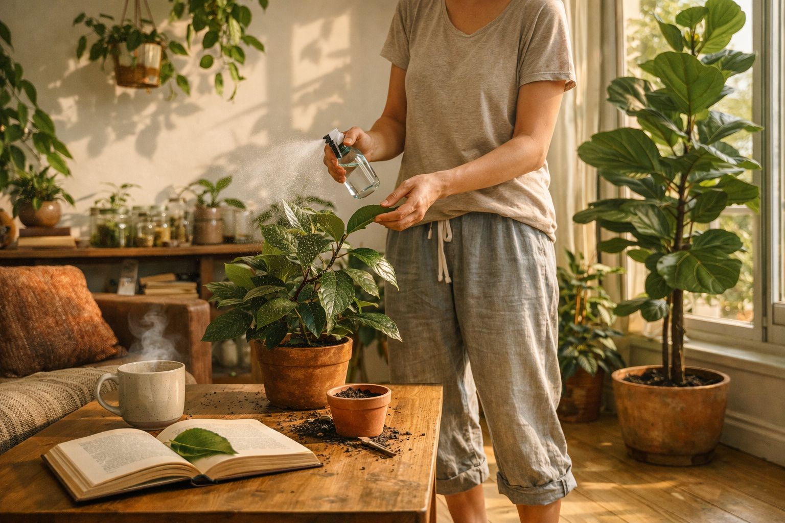 Pessoa a borrifar água numa planta dentro de casa junto a uma mesa com livro, caneca e terra.