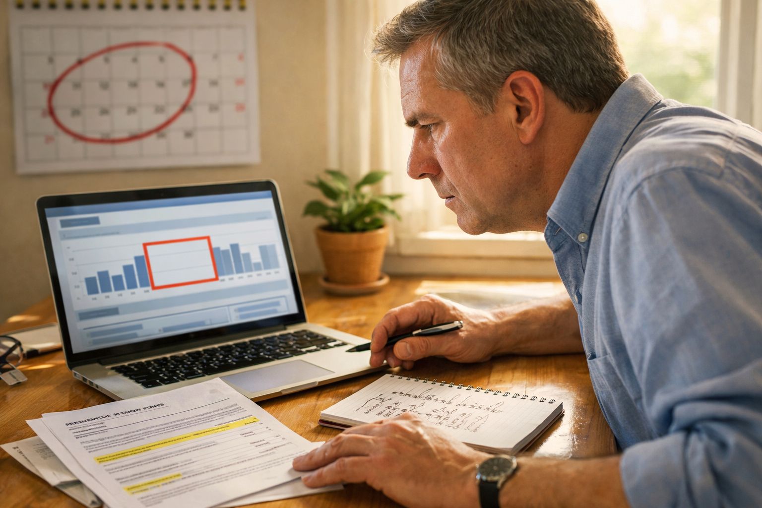 Homem concentrado analisa gráficos num ecrã de portátil com documentos e notas numa secretária em casa.