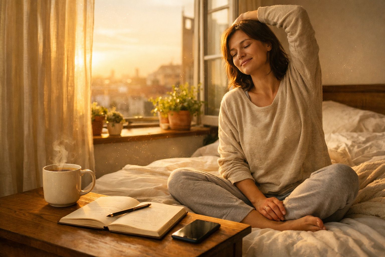 Mulher a alongar-se sentada na cama ao amanhecer com chá, caderno e telemóvel numa mesa junto à janela.