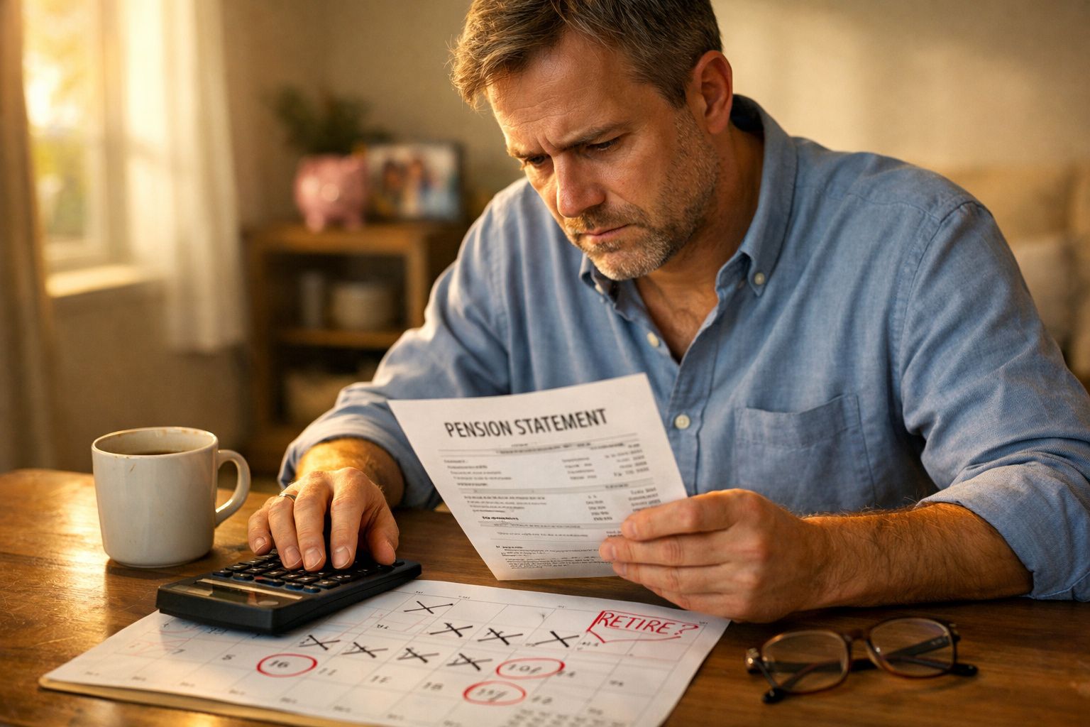 Homem preocupado a analisar extrato de pensão e a usar calculadora numa mesa com calendário marcado.