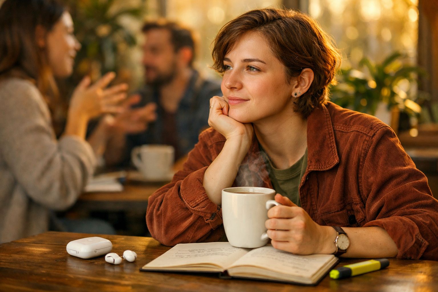 Mulher pensativa segura chá quente numa cafeteria, com livro aberto e auscultadores na mesa.