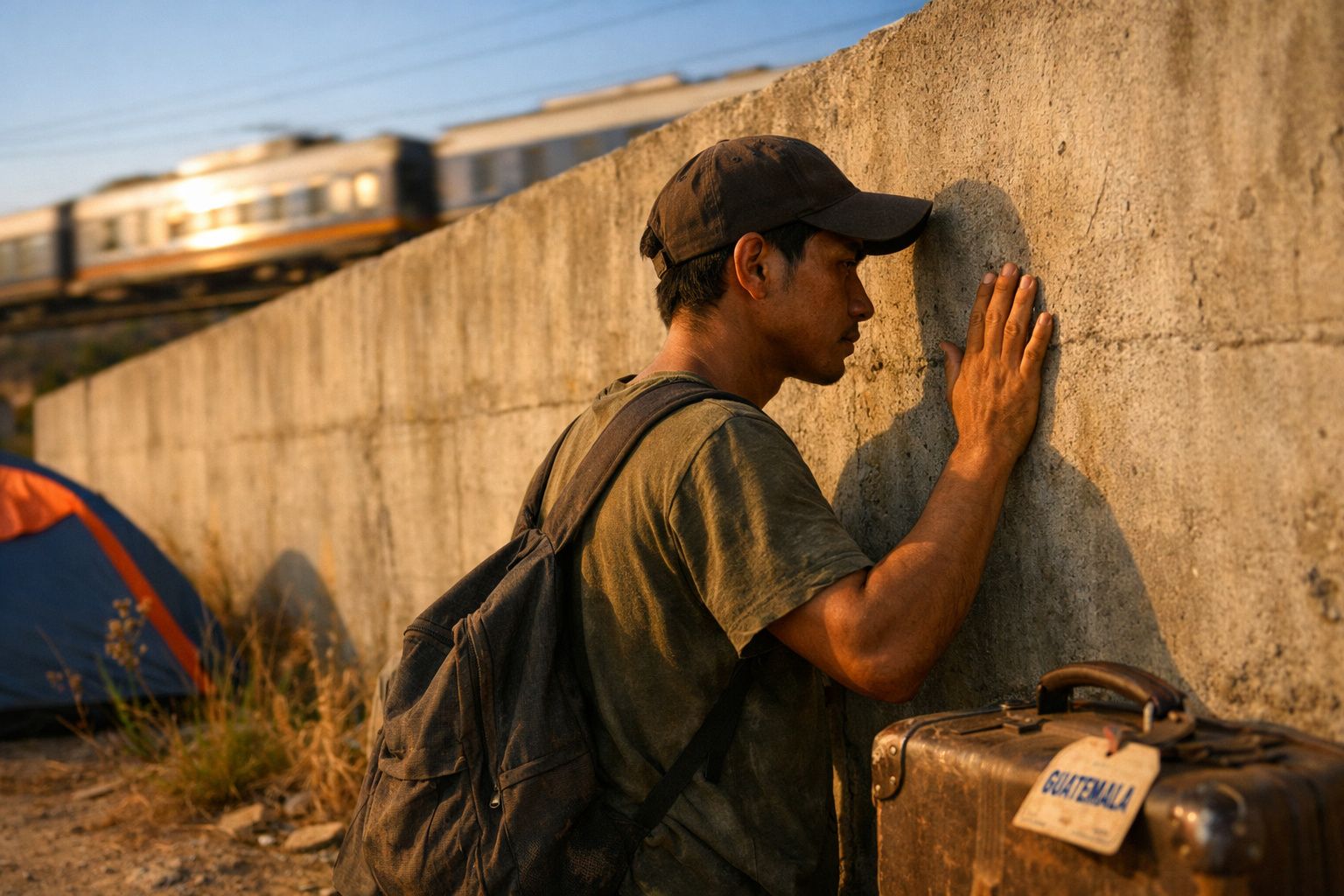 Homem com boné e mochila encostado a um muro de cimento com mala etiquetada "Guatemala" ao lado, perto de um comboio.