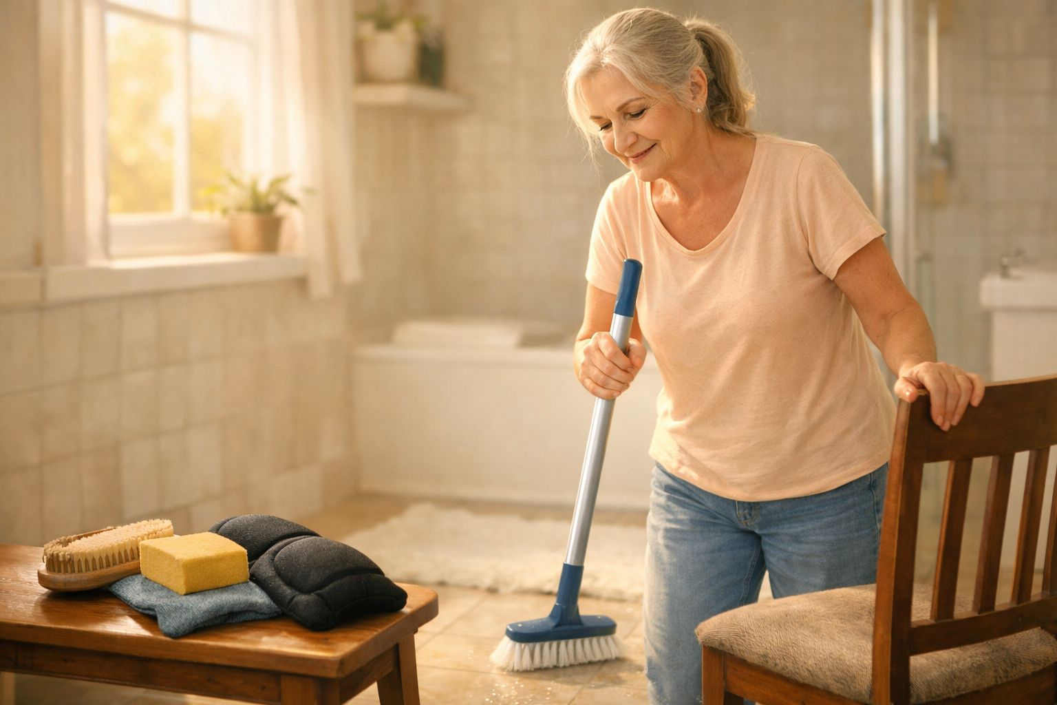 Mulher idosa a limpar chão com escova numa casa acolhedora e iluminada pela luz natural.