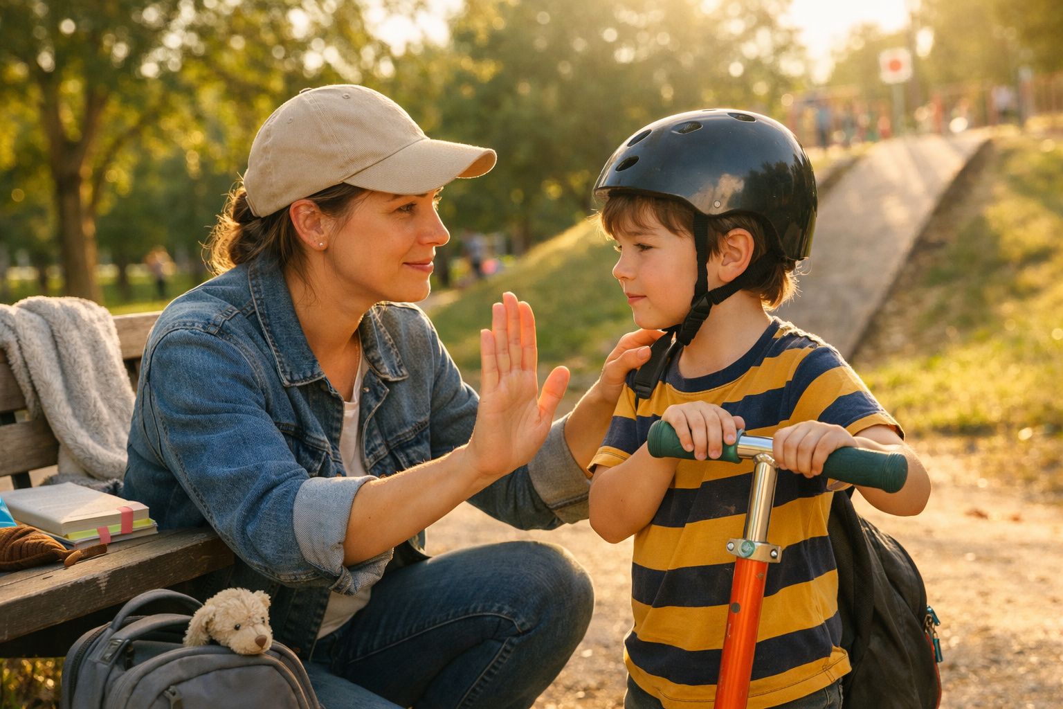 Mulher sentada a dar um "high five" a menino com capacete que segura trotinete num parque ensolarado.