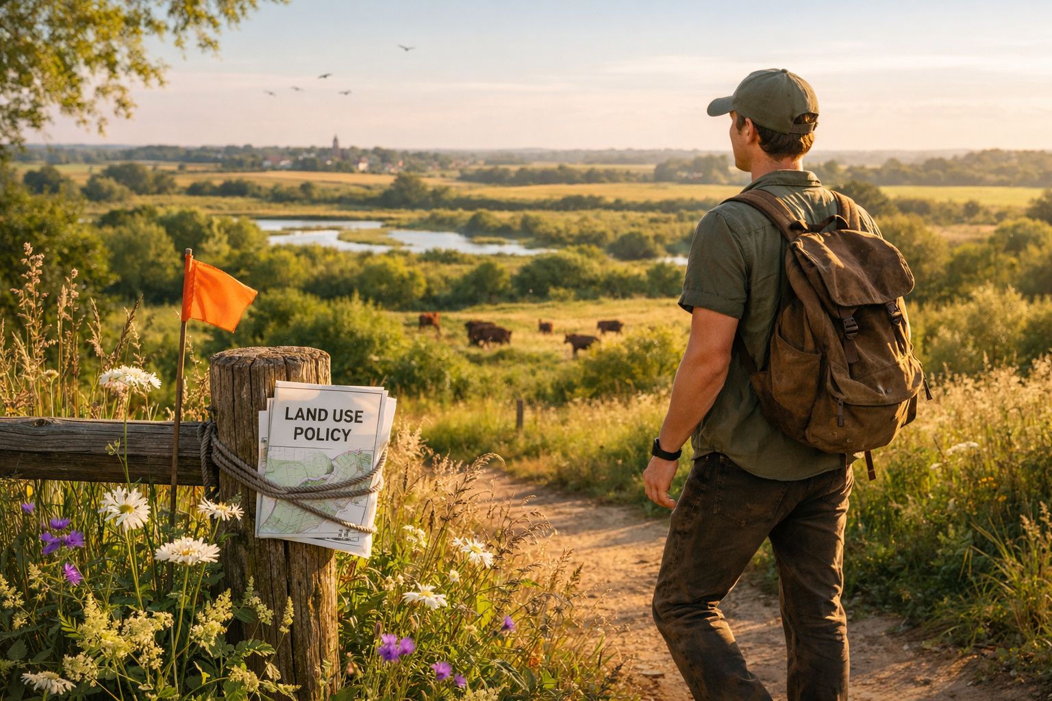 Homem com mochila observa paisagem rural com vacas, campo e lago ao pôr do sol.