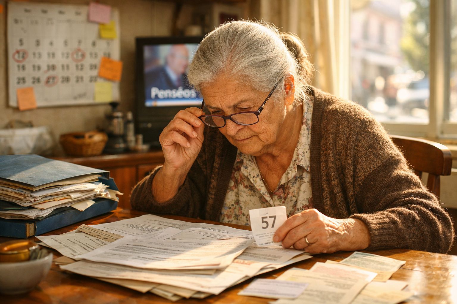 Idosa de óculos a analisar papéis e documentos numa mesa cheia de arquivos e documentos espalhados.