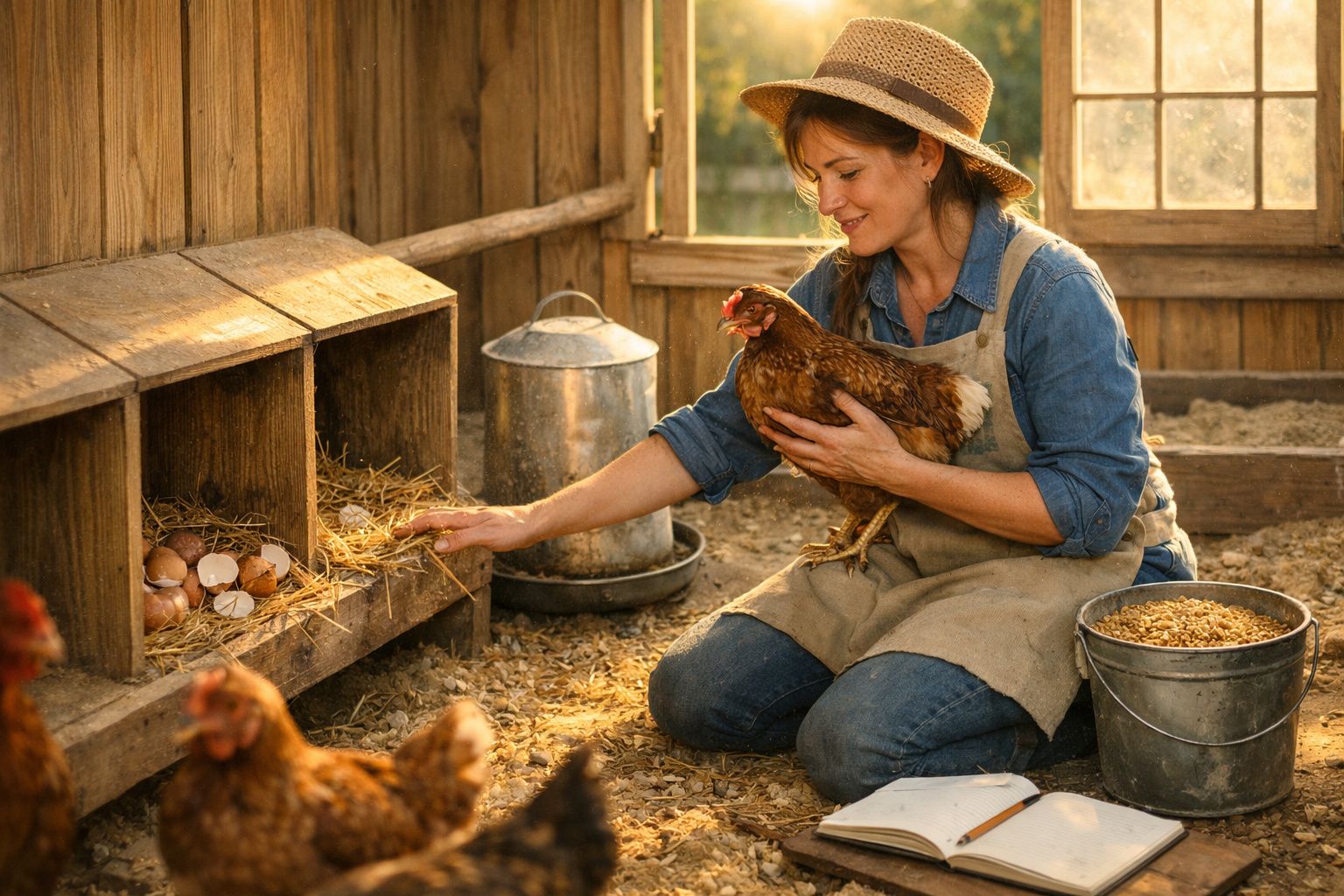Mulher a segurar uma galinha e a apanhar ovos num galinheiro de madeira iluminado pelo sol.