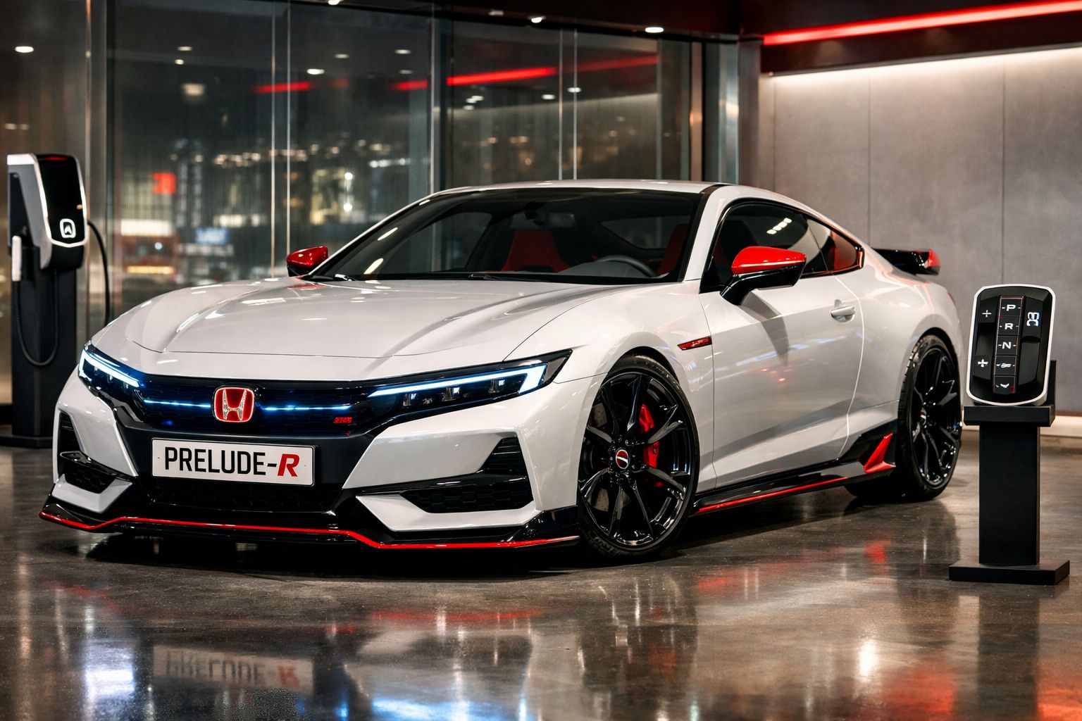 Carro desportivo branco Honda Prelude-R estacionado em garagem moderna com carregador elétrico ao lado.