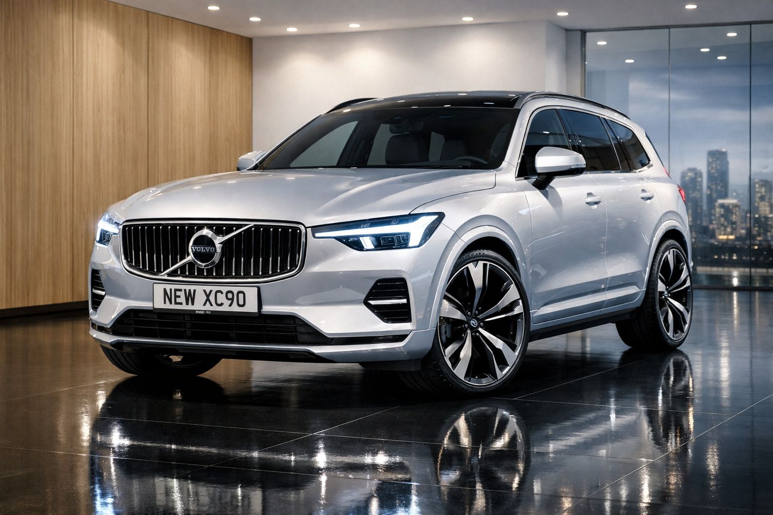 Carro Volvo XC90 cinzento estacionado num espaço interior moderno com chão refletor e parede em madeira.