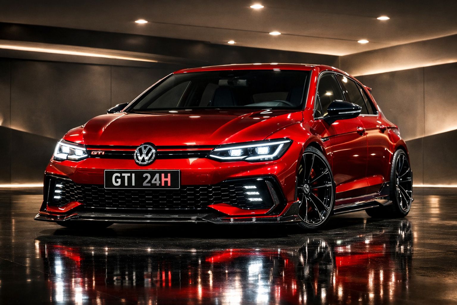 Carro Volkswagen GTI 24H vermelho com luzes LED ligado, em garagem escura com chão refletor.