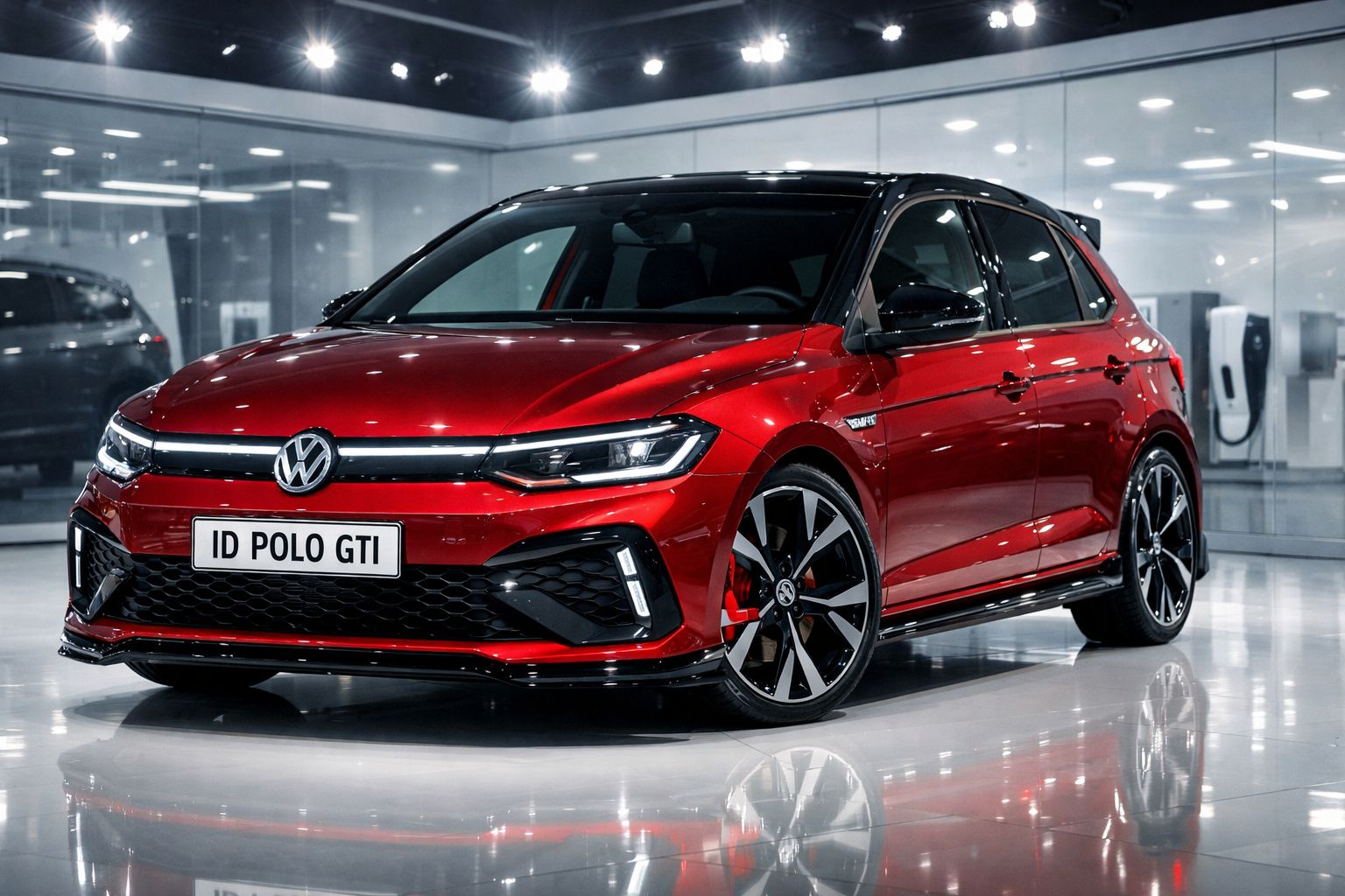 Carro Volkswagen ID Polo GTI vermelho com tejadilho preto, estacionado em piso brilhante interior.