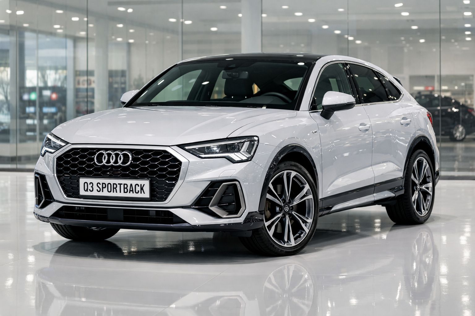 Automóvel Audi Q3 Sportback branco estacionado em showroom moderno com pavimento refletor.