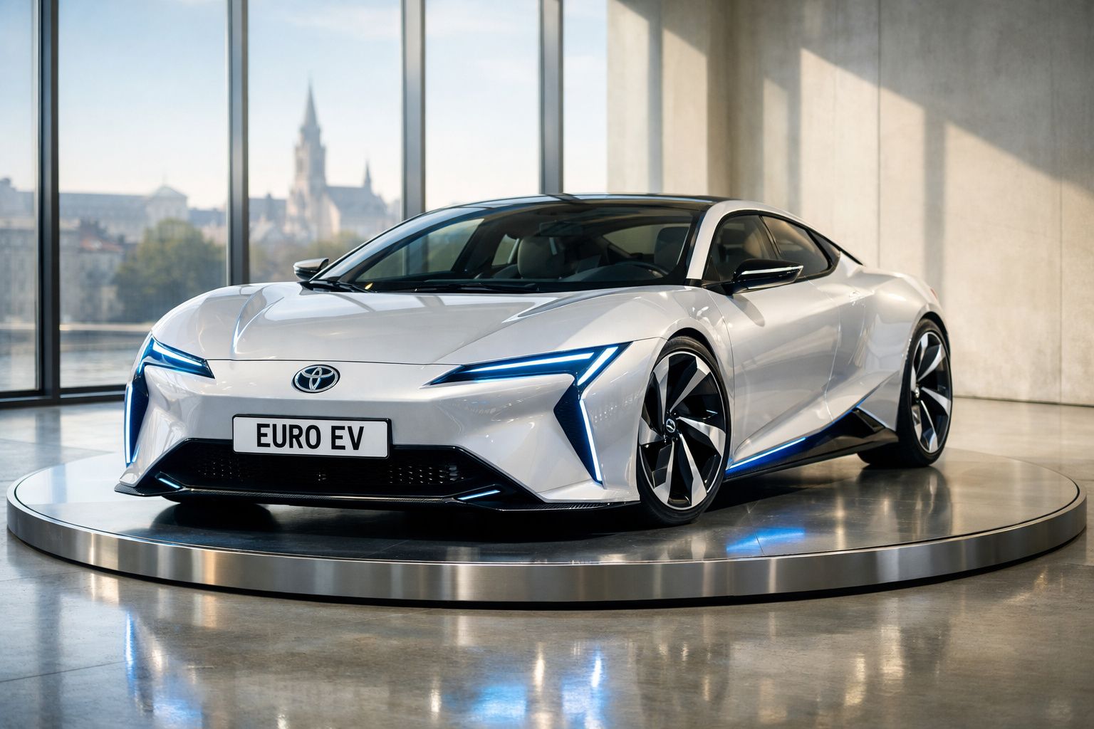 Automóvel desportivo elétrico branco Toyota Euro EV em exposição numa plataforma giratória interior.