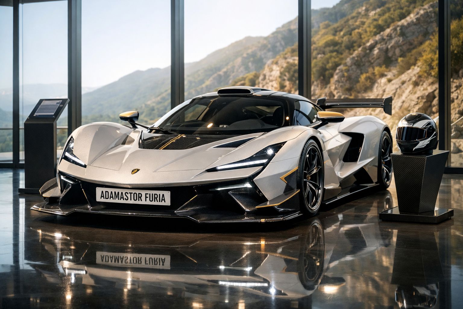 Carro desportivo branco Adamastor Furia com design aerodinâmico em exposição interior com capacete preto ao lado.