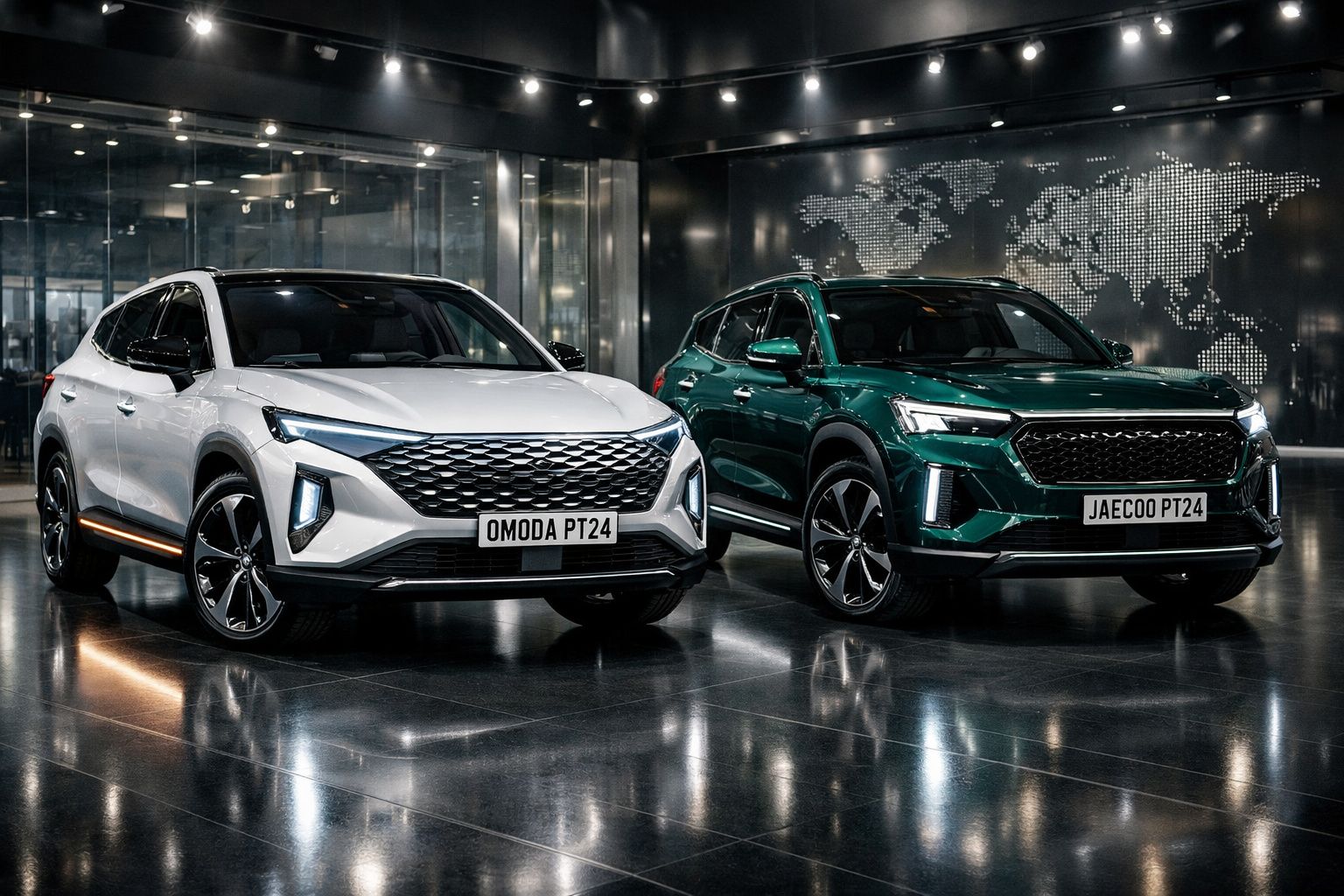 Dois carros SUV modernos, branco e verde, expostos em sala elegante com mapa-múndi iluminado ao fundo.