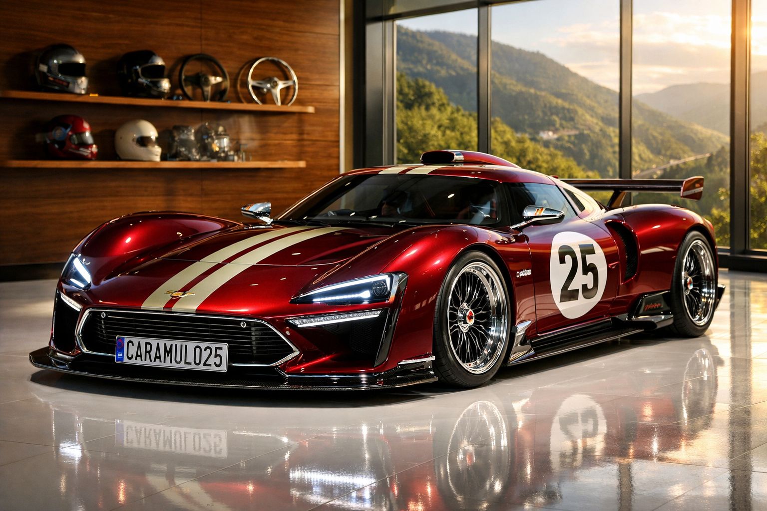 Carro desportivo vermelho com faixa branca e número 25 em garagem com vista para montanhas.