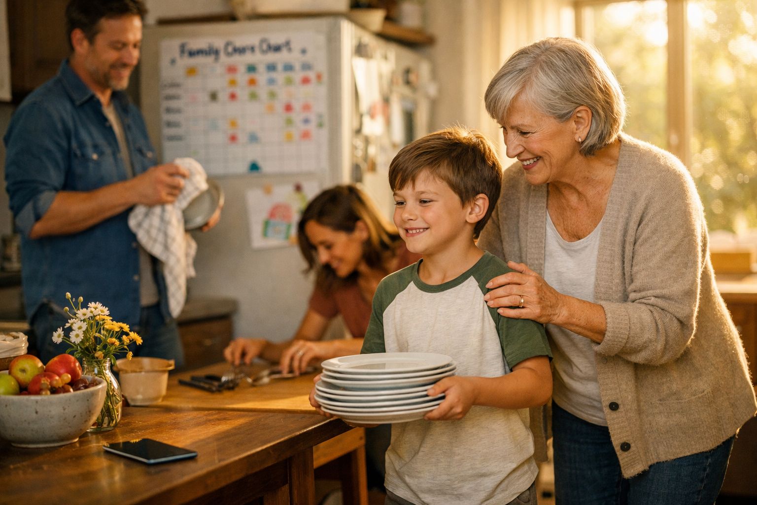 Criança a levar pratos na cozinha com mulher idosa ao lado e outros familiares ao fundo a sorrir.
