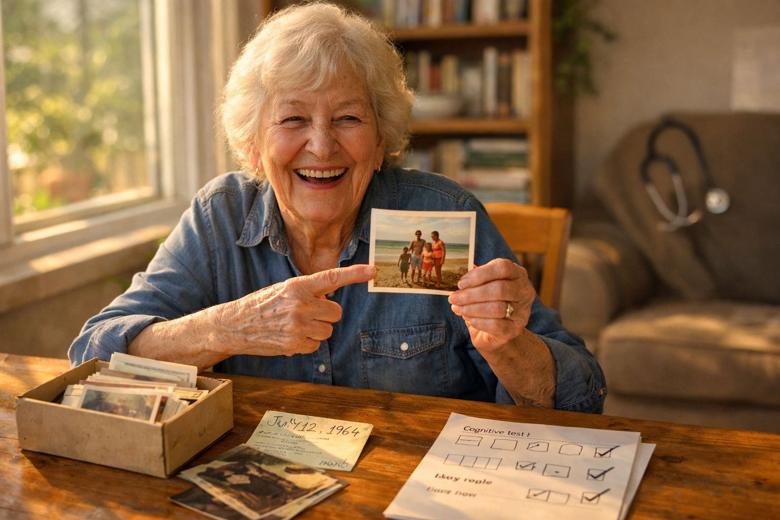 Senhora idosa sorridente a mostrar uma fotografia antiga na mesa com recuerdos e um teste cognitivo.