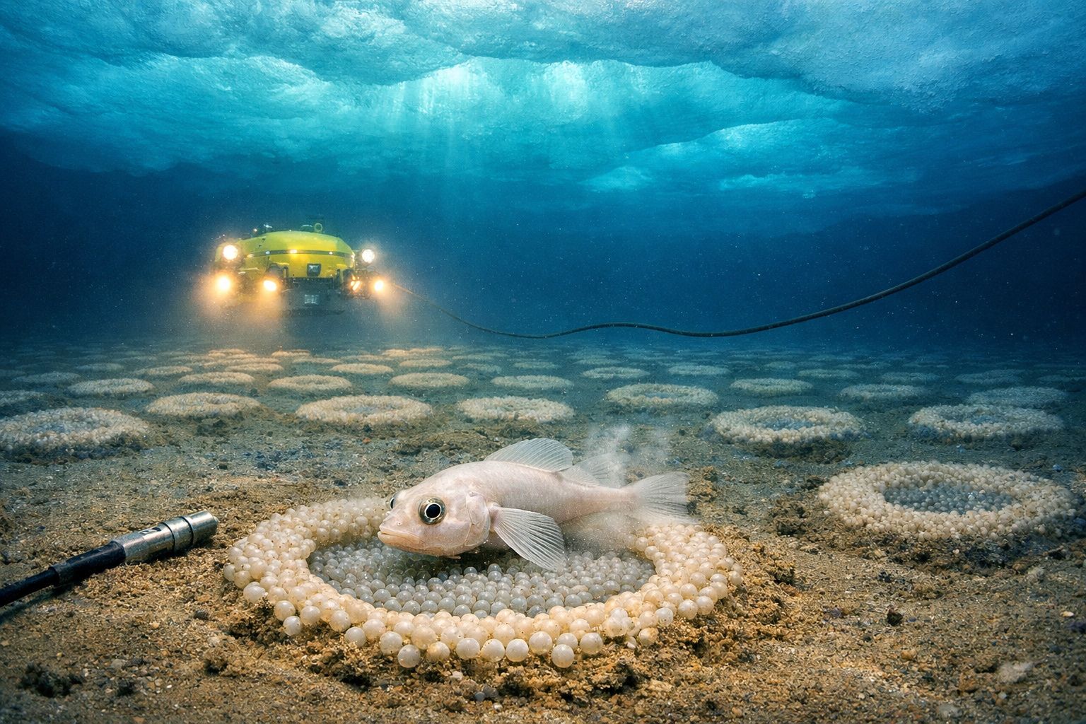 Robalo junto a uma colónia de bolhas no fundo do mar, com veículo subaquático amarelo iluminado ao fundo.