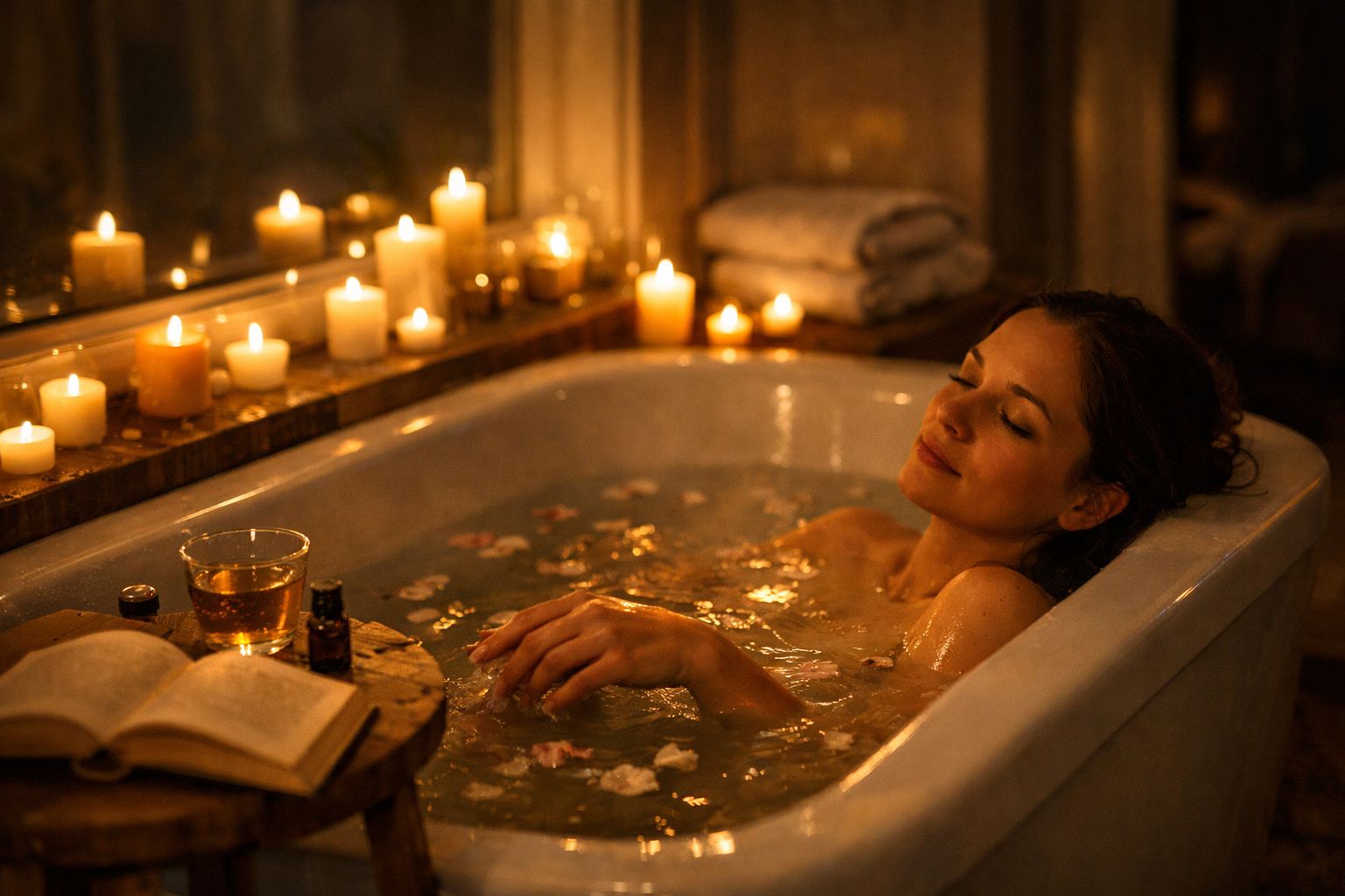 Mulher relaxa numa banheira com pétalas de flores, rodeada de velas acesas e luz ambiente cálida.