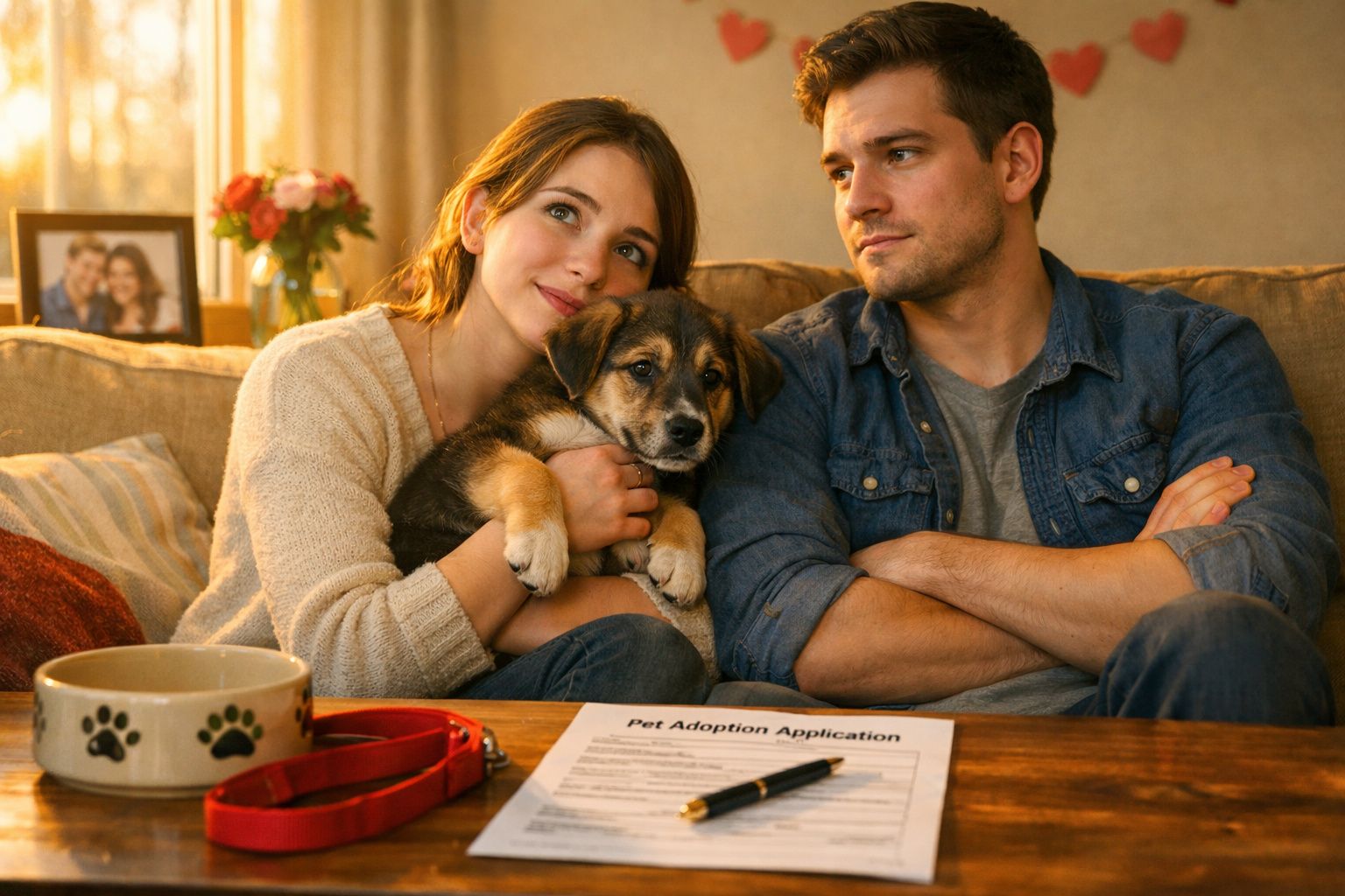 Casal sentado no sofá a abraçar um cão, com formulário de adoção e acessórios para cão na mesa.
