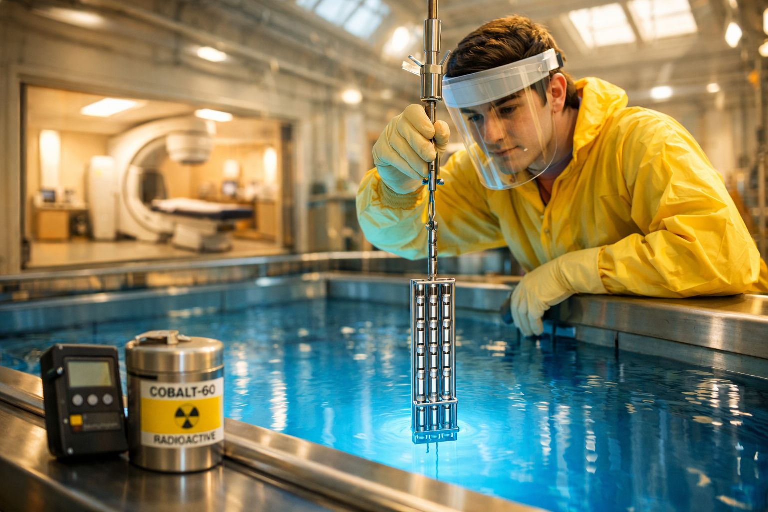 Técnico com proteção a inserir elemento radioativo num tanque de água em laboratório nuclear.