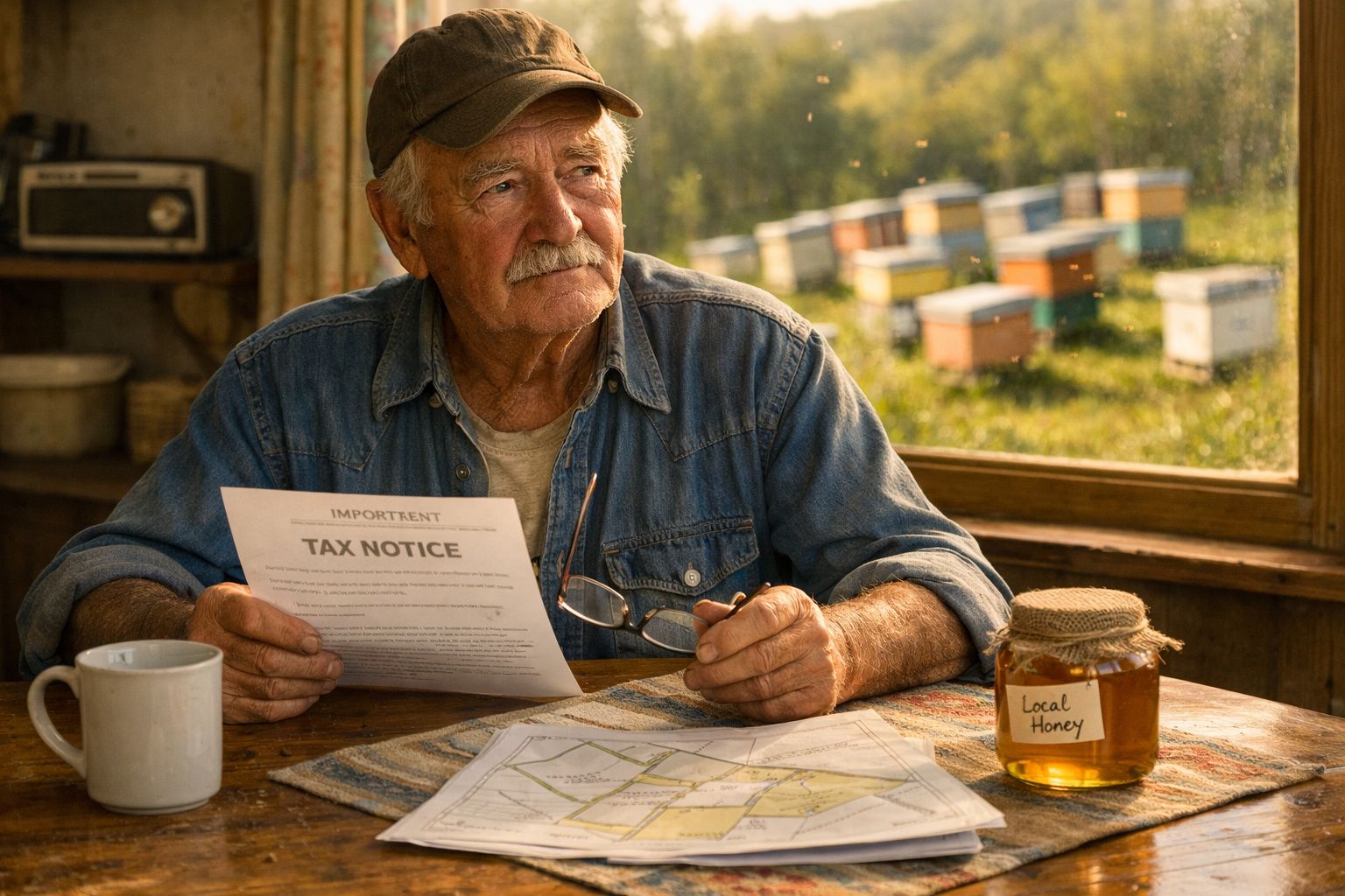 Idoso sentado numa mesa com documento de imposto, jarro de mel local e colmeias ao fundo.