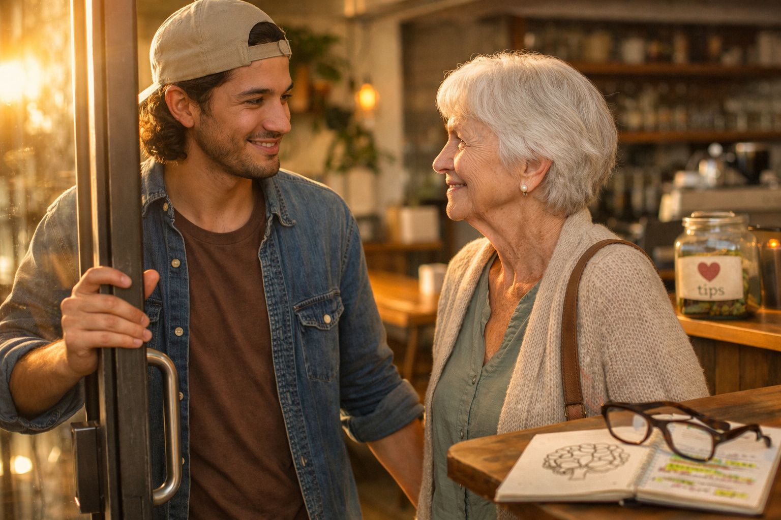 Jovem segura porta sorrindo para senhora idosa numa cafetaria iluminada pela luz do sol.