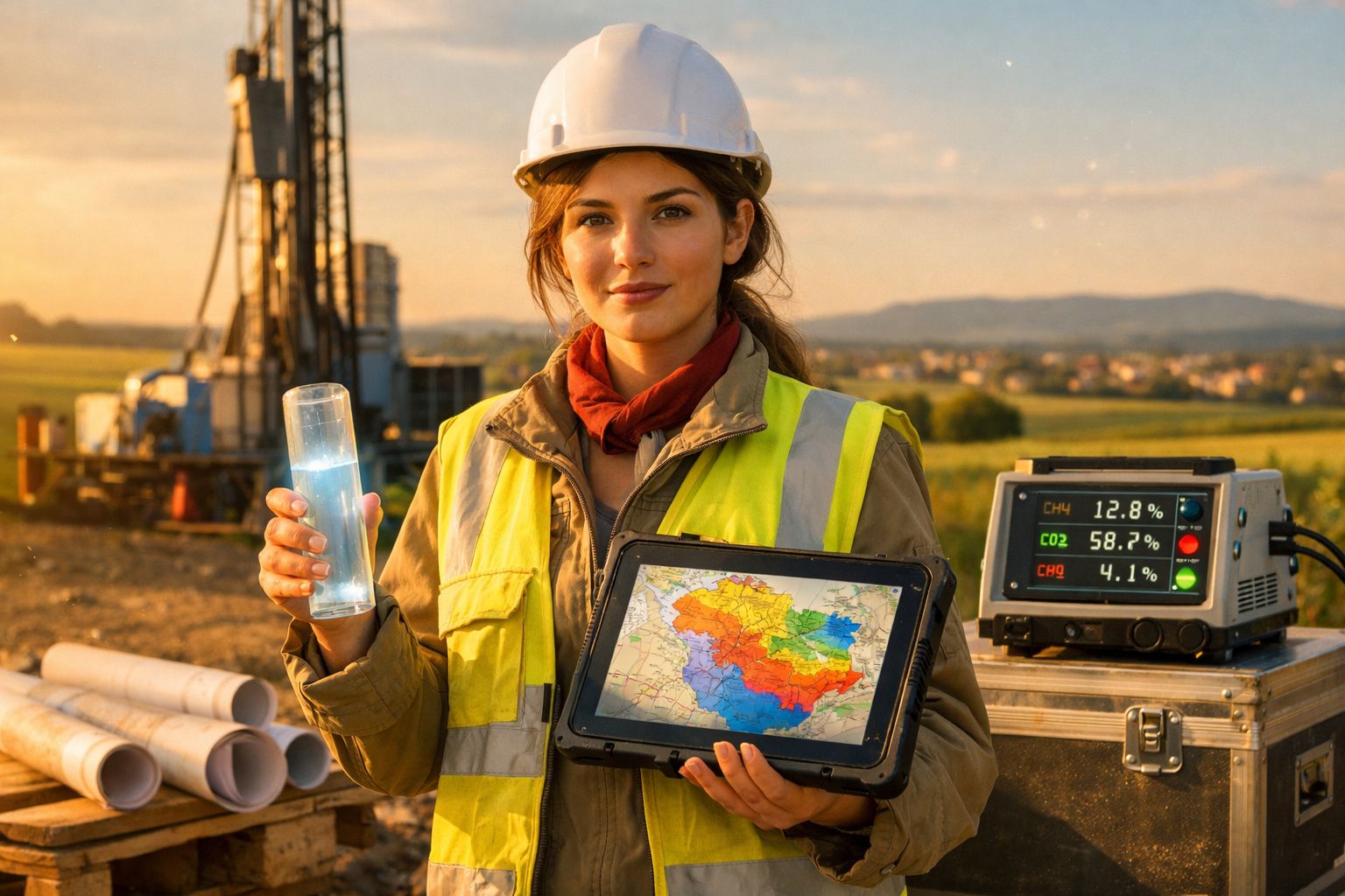 Mulher engenheira com capacete e colete reflete água e segura tablet com mapa colorido numa obra.