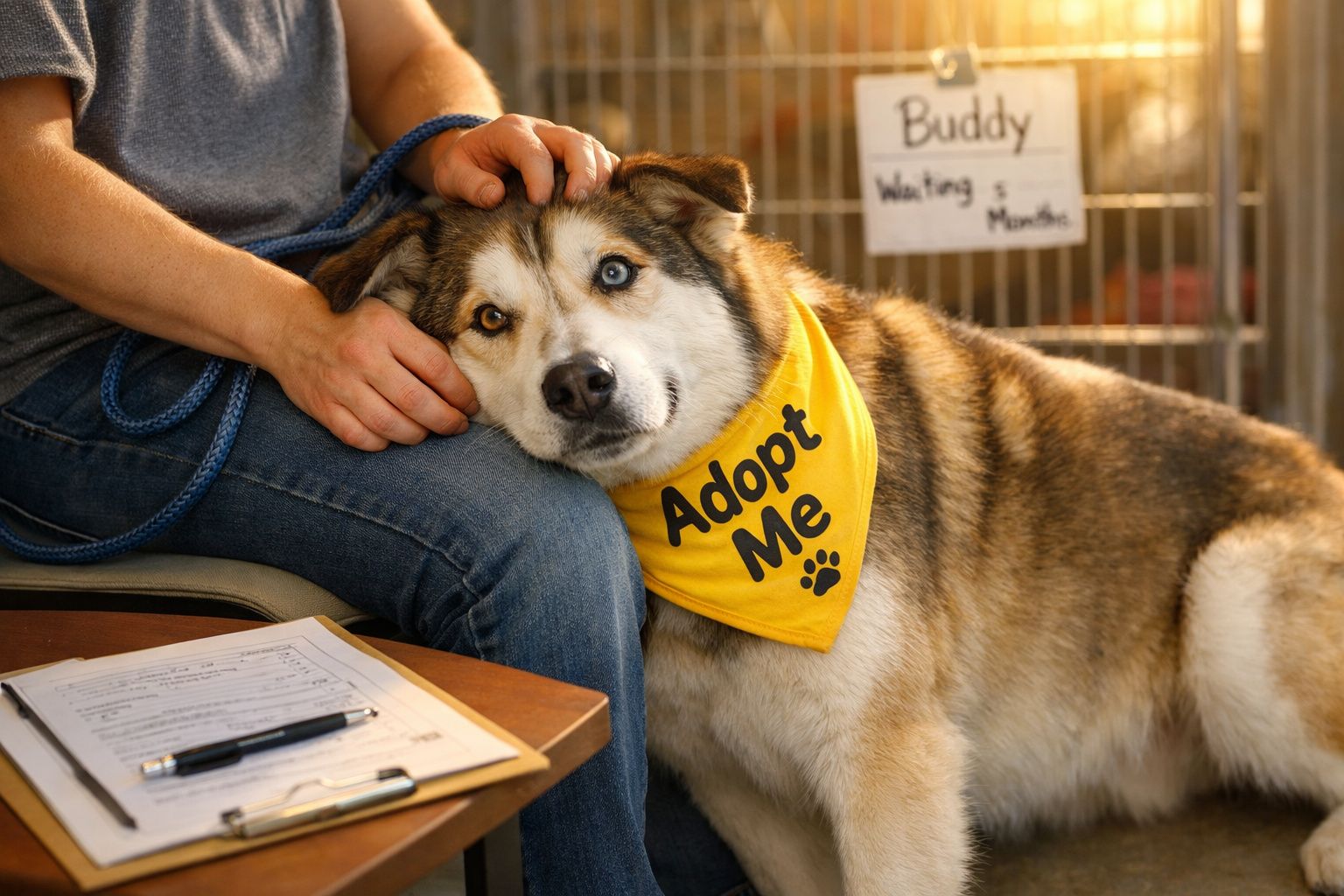 Cão com lenço amarelo "Adopt Me" encostado a pessoa que lhe faz festas, em abrigo de animais.