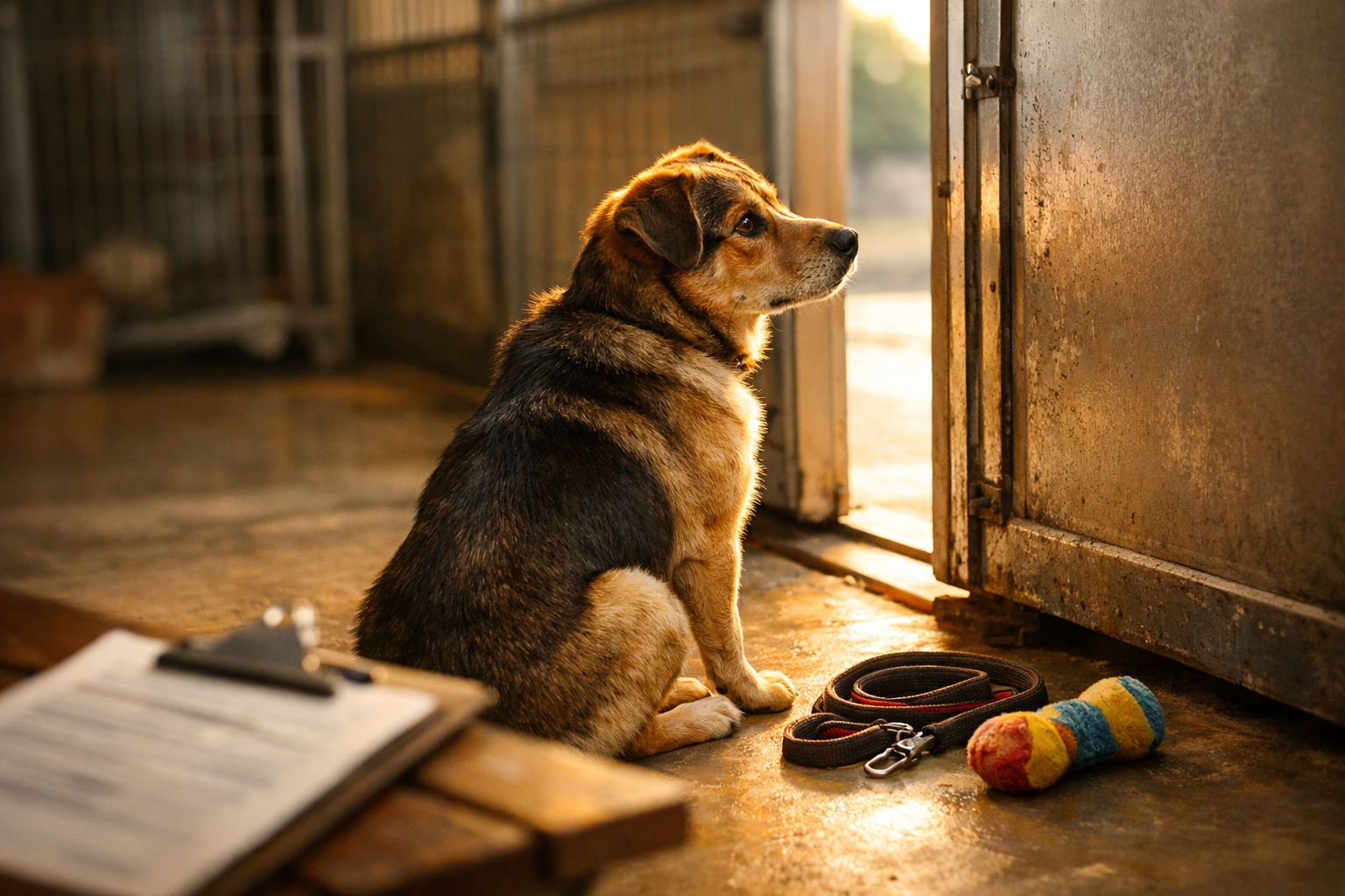 Cão castanho e preto sentado no chão junto a porta aberta, com trela e brinquedo colorido ao lado.