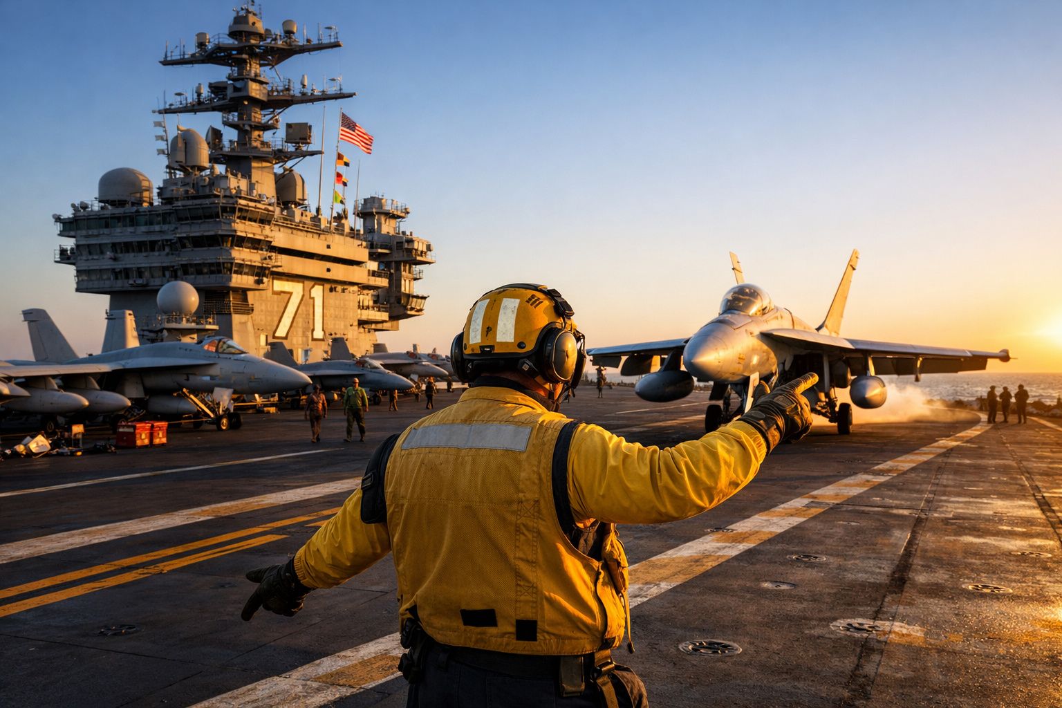 Homem de uniforme amarelo orienta descolagem de caça num porta-aviões ao pôr do sol no mar.