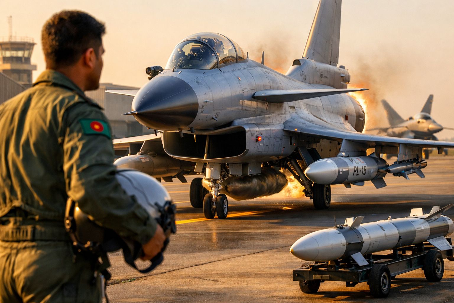Piloto militar observa jato de combate estacionado numa pista durante o pôr do sol.