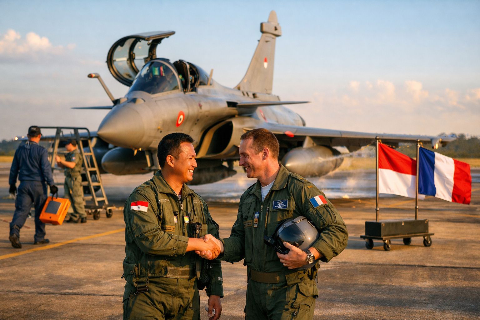 Dois pilotos militares a cumprimentarem-se com aperto de mão diante de um caça e bandeiras da Indonésia e França.