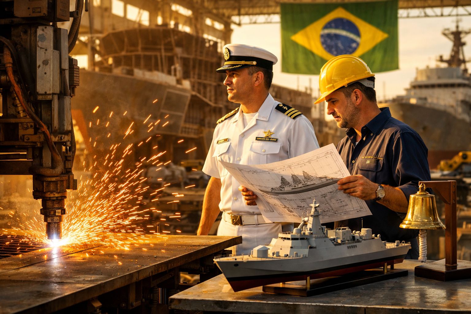 Oficiais brasileros com plantas do navio ao lado de maquete, com cortador de metal ativo e bandeira do Brasil ao fundo.