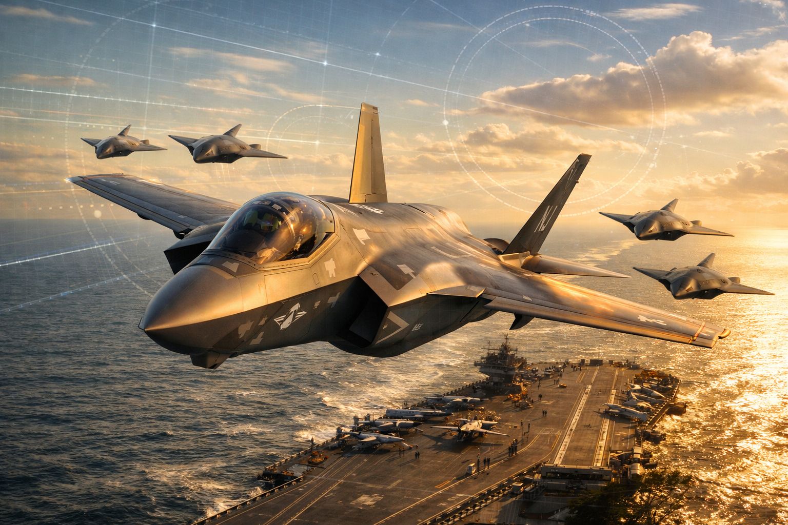 Comboio de cinco aviões de guerra modernos voando sobre um porta-aviões ao pôr do sol no mar.